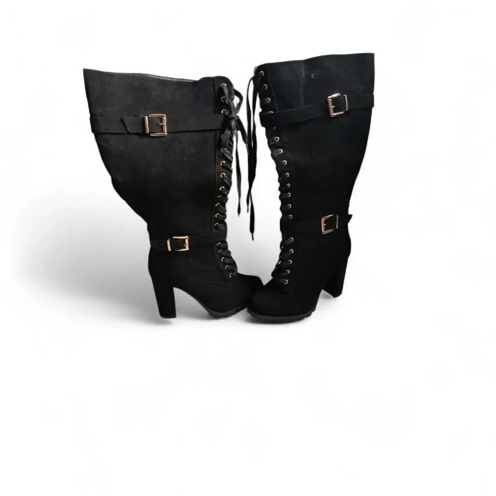 Black Knee High Lace Up Heeled Boots Buckle Detail Women’s ShoeDazzle 9